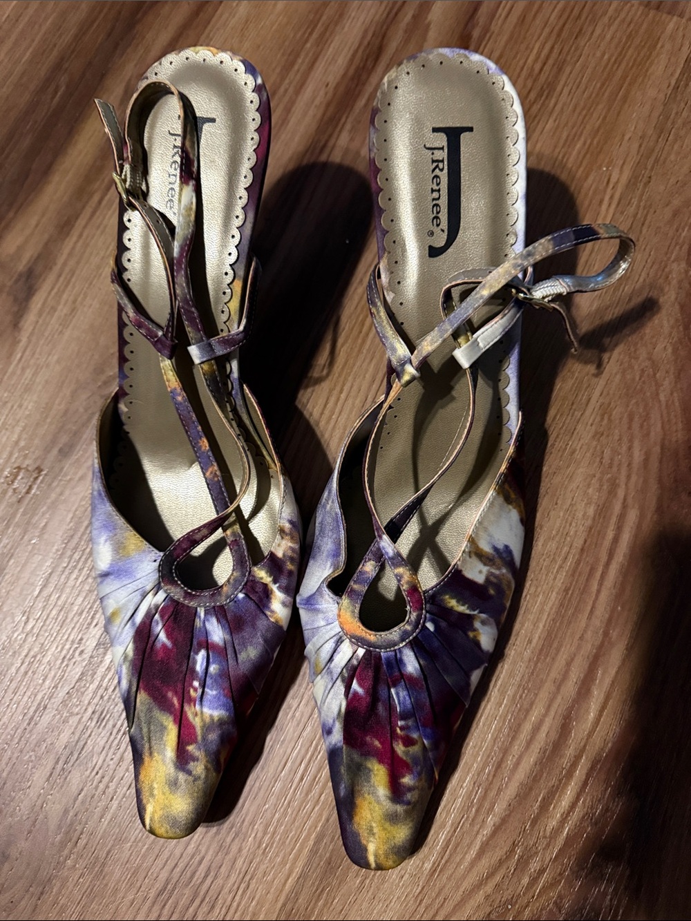 J.Renee Multicolor Satin Pointed Slingback Heels in Purple, Yellow & Maroon